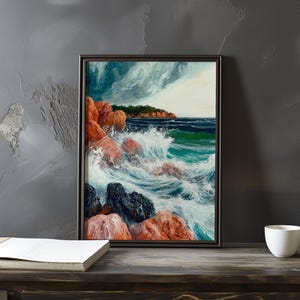 Impresión de galería de arte impresionista inspirada en Gustave Courbet: póster de paisaje costero, póster de olas del océano, decoración grande para el hogar, póster enmarcado