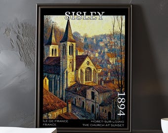 The Church at Moret-sur-Loing Sunset 1894 – Alfred Sisley print / poster – impressionism, post impressionist village church, golden hour art