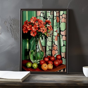 Stillleben mit Blumen und Früchten - Paul Cezanne inspirierter impressionistischer Kunstdruck - Französische Naturlandschaft Stillleben Poster-Impressionismus