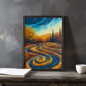 Vincent Van Gogh inspiriertes impressionistisches Kunstplakat - Sternenhimmel und fließende Landschaft mit lebhaften Wirbeln Druck - Van Gogh Wanddekor Plakat