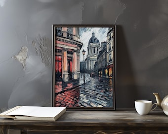 Gustave Caillebotte-Inspired Parisian Street Scene - Realistic Urban Landscape with Rainy Reflection - Impressionist Realism Wall art Print