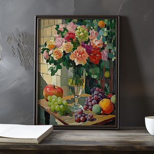 Stillleben mit Blumen und Früchten - Paul Cezanne inspirierter impressionistischer Kunstdruck - Französische Naturlandschaft Stillleben Poster-Impressionismus