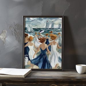 Póster de arte impresionista inspirado en Eugene Boudin: póster vintage junto al mar, escena de sombrilla de playa, obra de arte con vista al mar, impresionismo costero