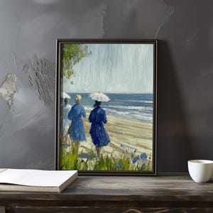 Póster de arte impresionista inspirado en Eugene Boudin: póster vintage junto al mar, impresión de sombrilla de playa, obra de arte con vista al mar, impresionismo costero