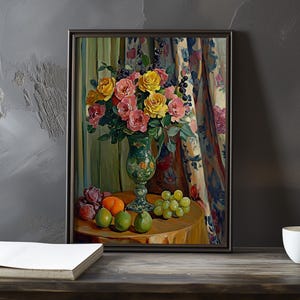Stillleben mit Blumen und Früchten - Paul Cezanne inspirierter impressionistischer Kunstdruck - Französische Naturlandschaft Stillleben Poster-Impressionismus