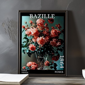 Roses 1864 - Impression / affiche de Frédéric Bazille - Nature morte impressionniste français, oeuvre florale post-impressionnisme, décor floral du XIXe siècle