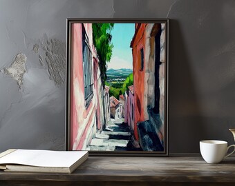 Op Cezanne geïnspireerde kunstdruk – Frans dorpsstraatbeeld, impressionistisch landschapsposter