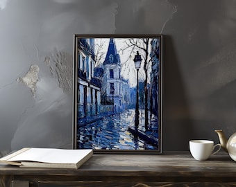 Gustave Caillebotte-Inspired Parisian Street Scene - Realistic Urban Landscape with Rainy Reflection - Impressionist Realism Wall art Print