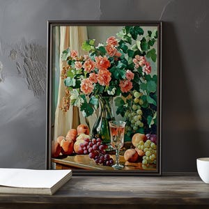 Stillleben mit Blumen und Früchten - Paul Cezanne inspirierter impressionistischer Kunstdruck - Französische Naturlandschaft Stillleben Poster-Impressionismus