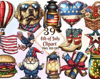 Lot de cliparts aquarelle 4 juillet : PNG patriotiques des États-Unis (usage commercial, téléchargement immédiat)