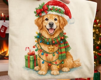 Noël Golden Retriever chien PNG, sublimation père Noël peint à la main, Noël festif Retriever avec lumières