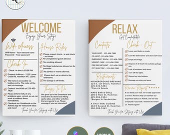 Op de afbeelding: Een welkomstbord met gouden tekst op een witte achtergrond, met Wi-Fi-toegang, huisregels, contactgegevens en uitcheckinstructies. Bevat een lijst met lokale restaurants en een verzoek om een beoordeling.