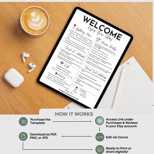 May include: A digital welcome sign on a tablet with the text "WELCOME Enjoy Your Stay!" and "House Rules." The sign includes check-in and check-out times, Wi-Fi information, and contact details. A cup of coffee and earbuds are next to the tablet.