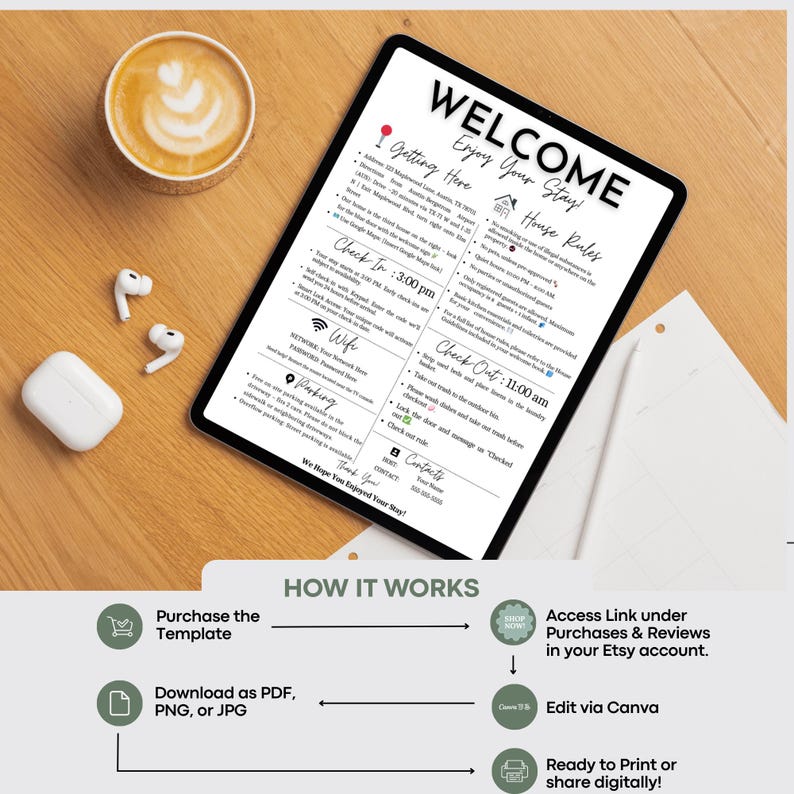 May include: A digital welcome sign on a tablet with the text "WELCOME Enjoy Your Stay!" and "House Rules." The sign includes check-in and check-out times, Wi-Fi information, and contact details. A cup of coffee and earbuds are next to the tablet.