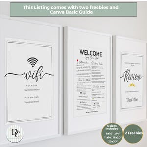 May include: Three framed white prints with black text. The first says "wifi" with network and password fields. The second says "Welcome" with house rules. The third says "Review" with stars. Includes 5 sizes: 8x10", A4, 11x14", 16x20", 20x30".