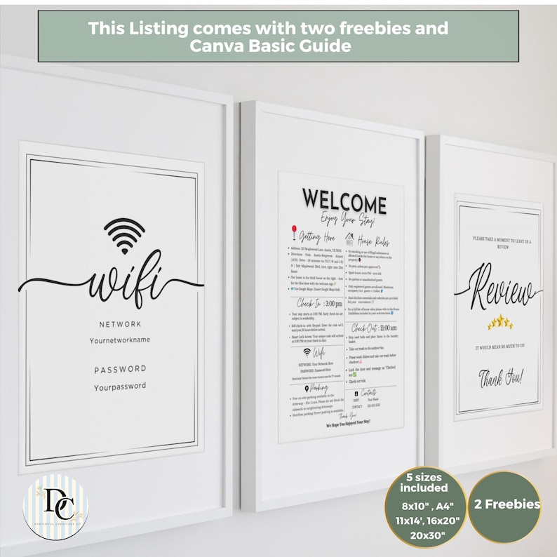 May include: Three framed white prints with black text. The first says "wifi" with network and password fields. The second says "Welcome" with house rules. The third says "Review" with stars. Includes 5 sizes: 8x10", A4, 11x14", 16x20", 20x30".