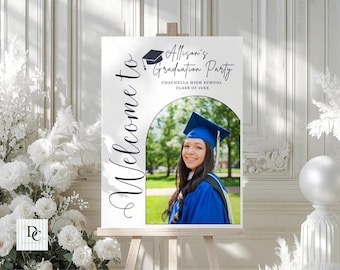 Modèle canevas de plaque de bienvenue pour l'obtention du diplôme | Affiche photo personnalisée de fête des diplômés | Décoration de fin d'études modifiable | Promotion 20XX | Téléchargement instantané