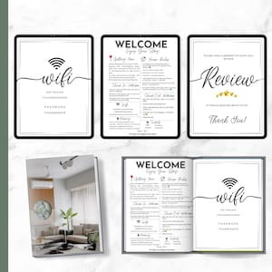 May include: A set of framed signs and a brochure with black text on a white background. The signs include "wifi" information, welcome messages, and a request for reviews. The brochure displays similar content, including a photo of a living room.