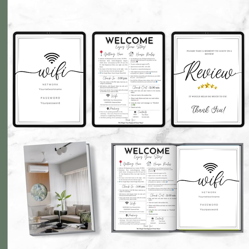 May include: A set of framed signs and a brochure with black text on a white background. The signs include "wifi" information, welcome messages, and a request for reviews. The brochure displays similar content, including a photo of a living room.