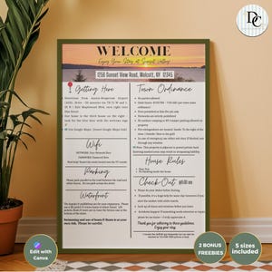 1-stronicowy szablon plakatu powitalnego Airbnb, znak hasła Wi-Fi do wydrukowania, książka powitalna, zasady domu, gospodarz, wynajem wakacyjny, instrukcja wymeldowania