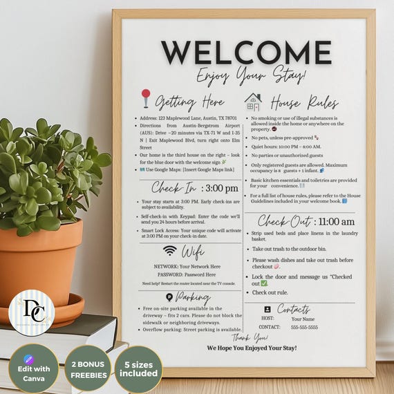 Editable Airbnb Welcome Sign Template | Printable Vacation Rental Guest Information Poster | WiFi, House Rules & Check-In Info | VRBO Host