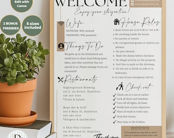 Plantilla editable de cartel de bienvenida de Airbnb / Hoja de información para huéspedes imprimible / Plantilla de Canva con reglas de alojamiento vacacional / Descarga instantánea