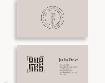 Plantilla de tarjeta de presentación minimalista para Canva / Tarjeta con código QR editable / Diseño moderno de marca personal / Estilo natural