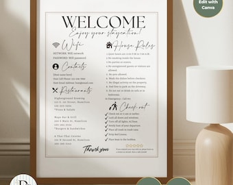 Airbnb Welcome Sign Bundle | Editable Canva Templates | House Rules, WiFi Password, Review Print | Vacation Rental Decor