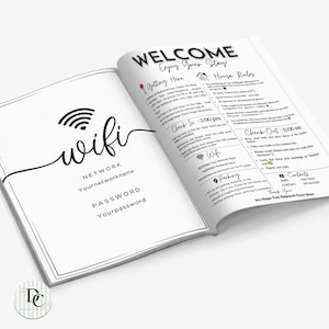 May include: Open book with a welcome message, house rules, and Wi-Fi information. The left page has a wifi symbol and the words "wifi", "network", and "password". The right page has check-in and check-out times, and contact information.
