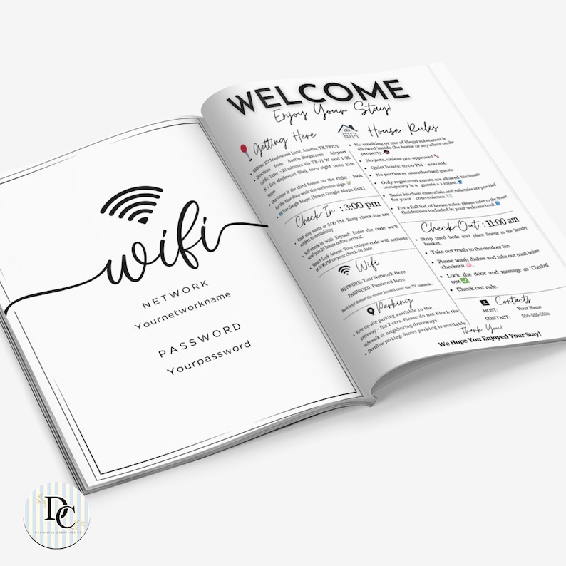May include: Open book with a welcome message, house rules, and Wi-Fi information. The left page has a wifi symbol and the words "wifi", "network", and "password". The right page has check-in and check-out times, and contact information.