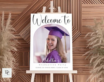 Modèle de toile personnalisé pour décoration de fin d'études | Panneau de bienvenue de la fête de remise des diplômes | Plaque photo personnalisée pour les diplômés | Signe de l'obtention du diplôme universitaire