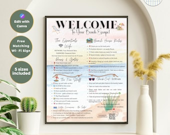 Beach House Welcome Sign Airbnb | Vacation Rental Rules Poster | Editable Canva Template | Instant Download | Coastal Decor