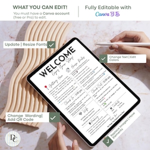 May include: A digital welcome sign on a tablet, featuring the text "WELCOME Enjoy Your Stay!" and house rules. The sign is held by hands and a stylus is nearby. The sign is fully editable with Canva.