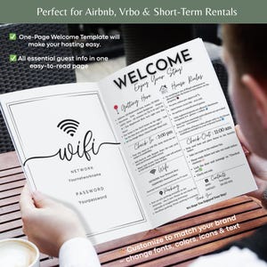 May include: A welcome template for short-term rentals, with the text "WELCOME Enjoy Your Stay!" and details about WiFi, check-in, and house rules. The template is designed for Airbnb and Vrbo hosts, with customizable fonts, colors, and icons.