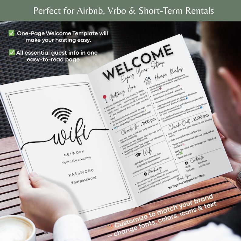 May include: A welcome template for short-term rentals, with the text "WELCOME Enjoy Your Stay!" and details about WiFi, check-in, and house rules. The template is designed for Airbnb and Vrbo hosts, with customizable fonts, colors, and icons.