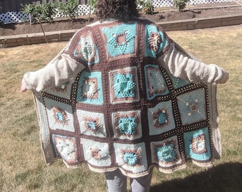 Handmade Crochet Cotton Long Granny Square Cardigan, Patchwork Cardigan, Grandmas square cardigan, Afghan sweater, Long Granny Square Coat