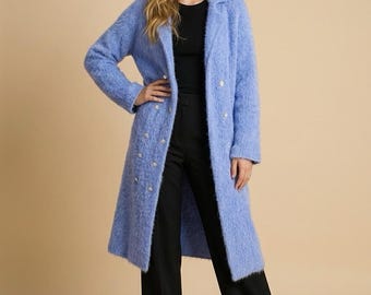 Cardigan blazer fait main en tricot de mohair : boutons en cristal, taille unique
