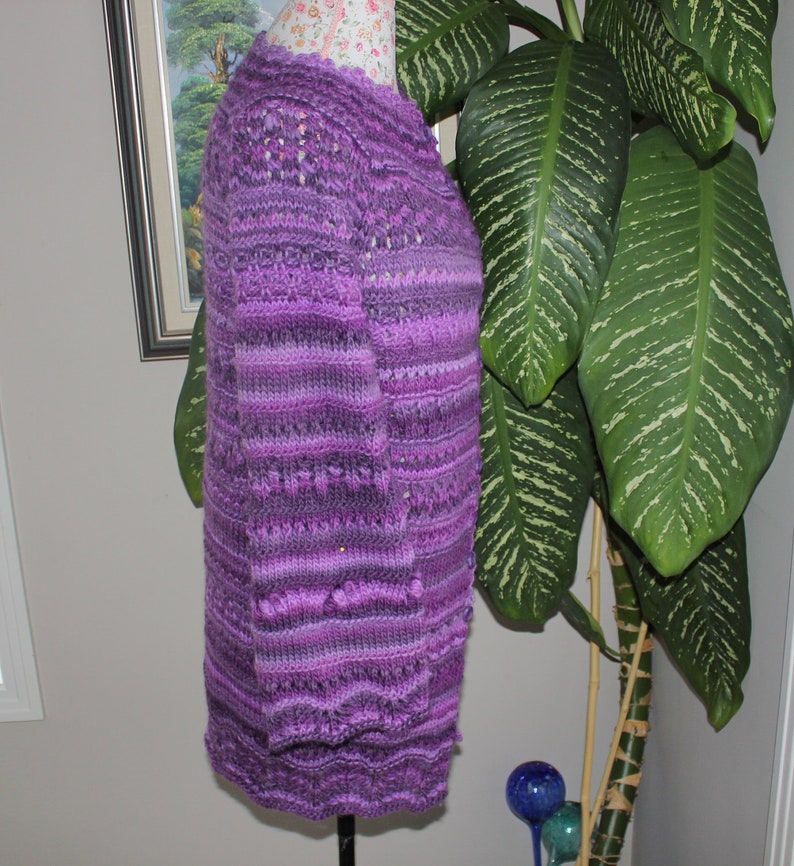 100% natural wool Handmade women Hand Spun Knit The Perfect Fit Purple Crazy Lace Cardigan purple wool cardigan, Ready to ship TODAY image 1