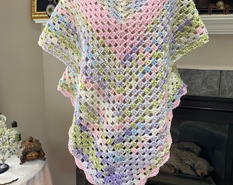 Hand Crochet Adult Multi Colored  Granny Square Poncho Dress Shawl | Boho Elegant Crochet Dress | Open V-Neck Dazzling Boho Crochet Poncho