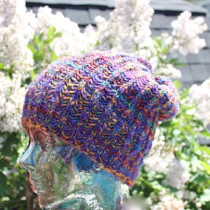 Jewel Spectrum KNIT with Art Yarn  slouchy/beanie hat from 50/50 Super-wash Merino / Tussah Silk hand spun yarn/ chemo cap/ Melted Crayons
