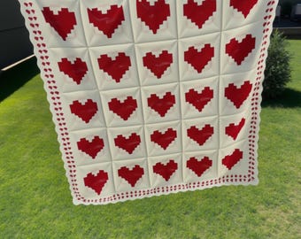 Handmade Crochet Cotton Heart Granny Square Baby Blanket: Photo Prop