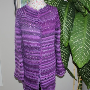 100% natural wool Handmade women Hand Spun Knit The Perfect Fit Purple Crazy Lace Cardigan purple wool cardigan, Ready to ship TODAY image 2