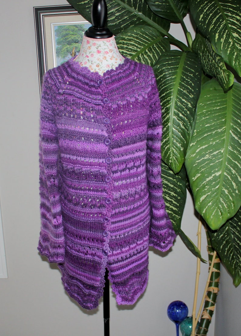 100% natural wool Handmade women Hand Spun Knit The Perfect Fit Purple Crazy Lace Cardigan purple wool cardigan, Ready to ship TODAY image 2