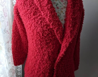 One-of-a-kind Snowflake Ultra Light Fashion Chunky Women Winter Coat Hand Knit Sharp Red Chunky Coat Knit Cardigan/ size Small to M