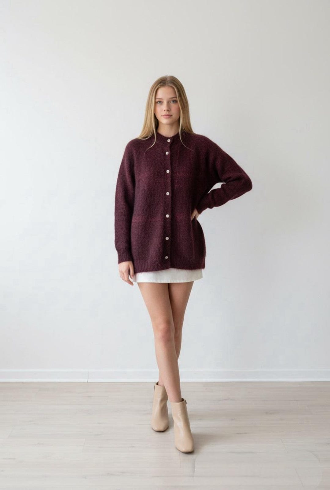 Hand Knit Angora Rabbit Cardigan: Rhinestone Button Crew Neck - Etsy Canada