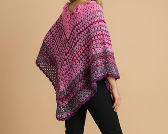 Poncho carré grand-mère au crochet de grande taille : rose, bordeaux, gris - Châle bohème