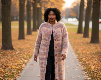 Cardigan tricoté main grande taille : coupe décontractée duveteuse XL/2X/3XL