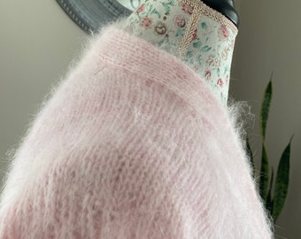 Ready to ship/ FRENCH Pink Bolero Knit from 100% Angora Rabbit Angora Yarn- Handmade Bridal Wrap Crop V-neck No buttons bolero Size XS-Small