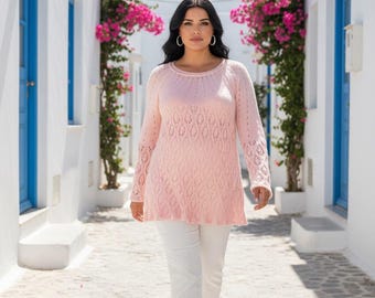 Tunique grande taille en tricot fait main : mélange de coton et de bambou, X-3X