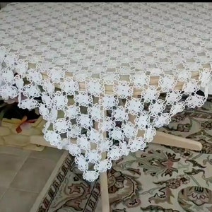 59&quot; Square White Handmade Crochet tablecloth -Doily Runner, Crochet Tablecloth Square, White Crochet Lace Bedroom Curtain Unique Item